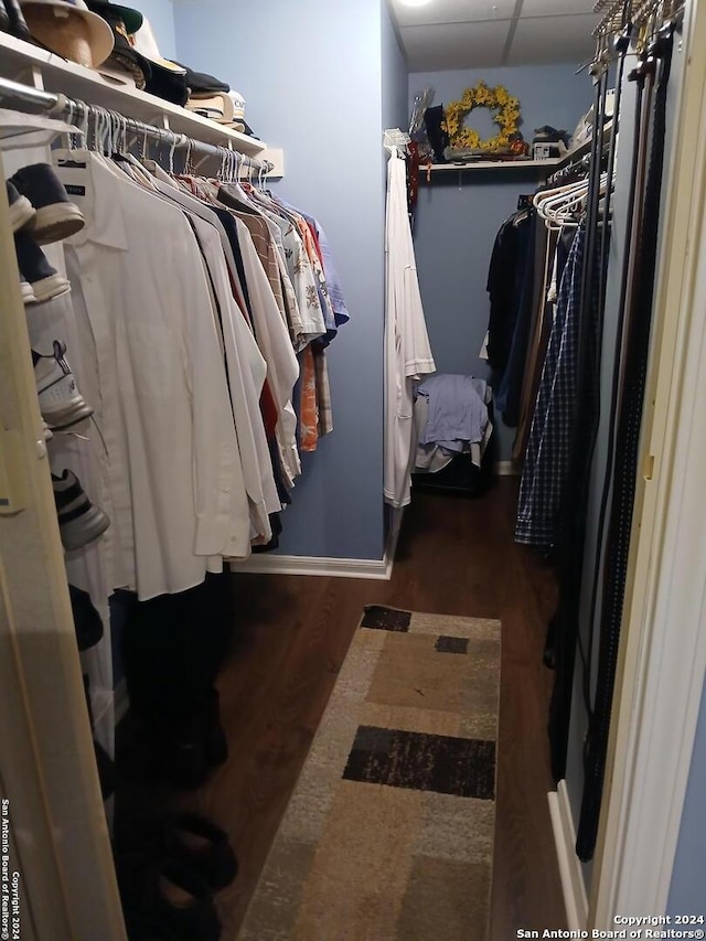 walk in closet with dark wood-style floors and a drop ceiling