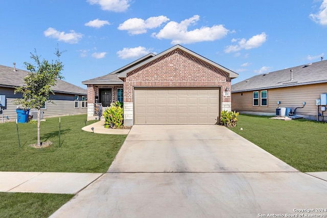 view of front of home with a front yard, a garage, and central air condition unit