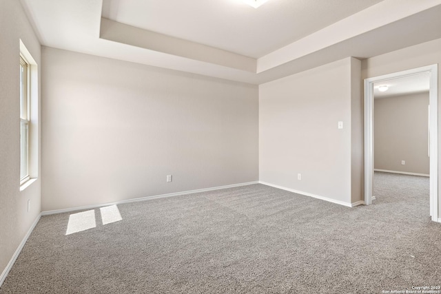 carpeted spare room featuring a tray ceiling