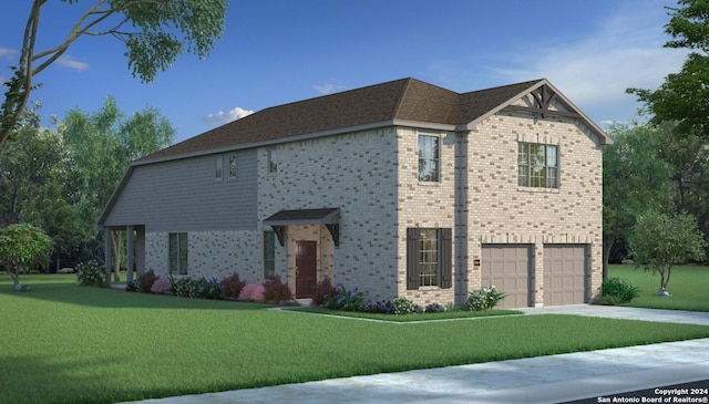 view of front of property with a garage and a front lawn