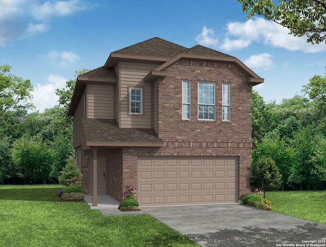 view of front of home with a front yard and a garage