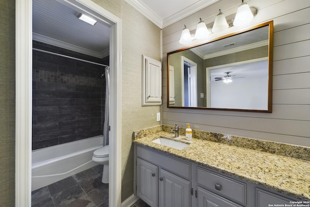 full bathroom with ceiling fan, shower / bathtub combination with curtain, toilet, wooden walls, and vanity