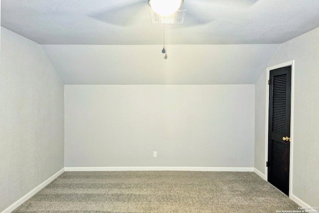 additional living space featuring a textured ceiling, carpet floors, and lofted ceiling