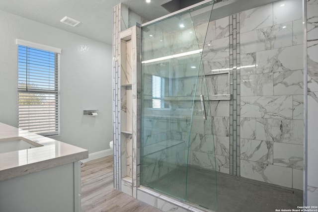 bathroom featuring a shower with door, vanity, and hardwood / wood-style flooring