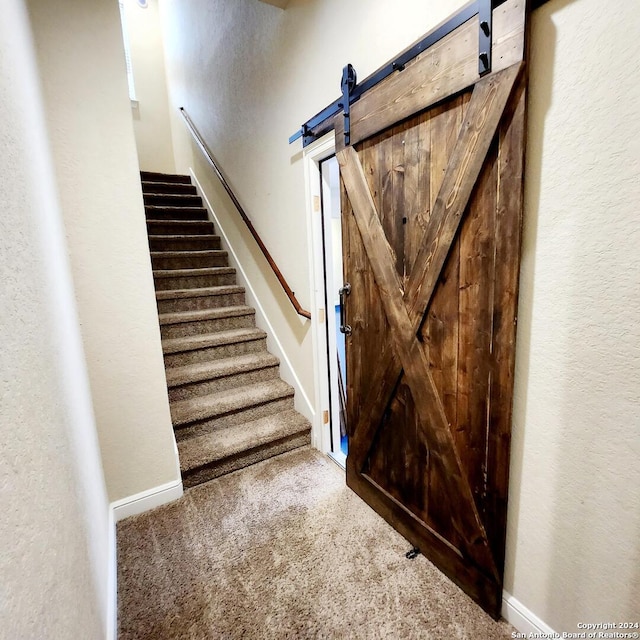 staircase featuring carpet and a barn door