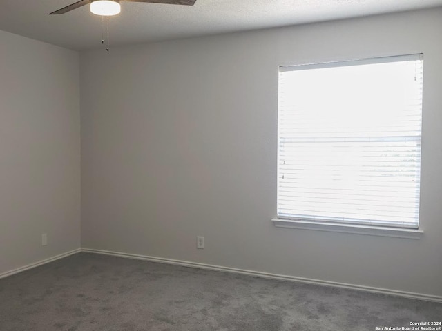 carpeted spare room featuring a textured ceiling, ceiling fan, and a healthy amount of sunlight