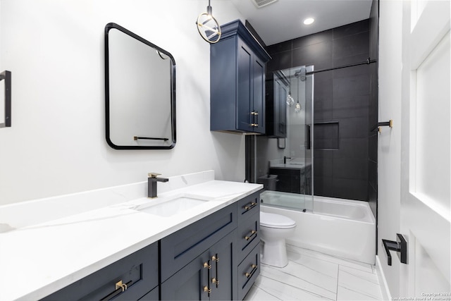 full bathroom with vanity, enclosed tub / shower combo, and toilet