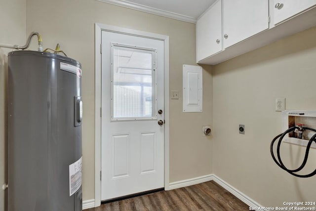 laundry room with hookup for a washing machine, water heater, dark wood-type flooring, and cabinets