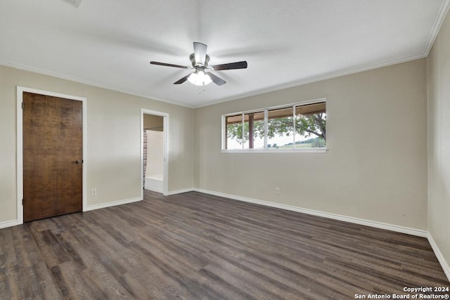 unfurnished bedroom with crown molding, ceiling fan, and dark wood-type flooring