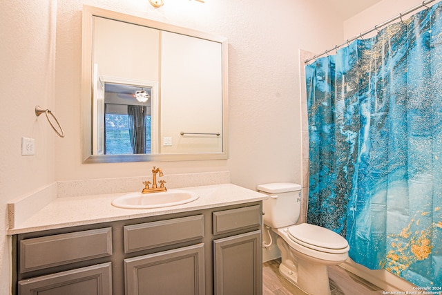 bathroom with wood-type flooring, vanity, toilet, and a shower with curtain