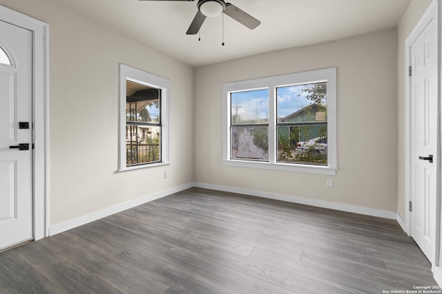 foyer entrance featuring hardwood / wood-style flooring, ceiling fan, and a healthy amount of sunlight