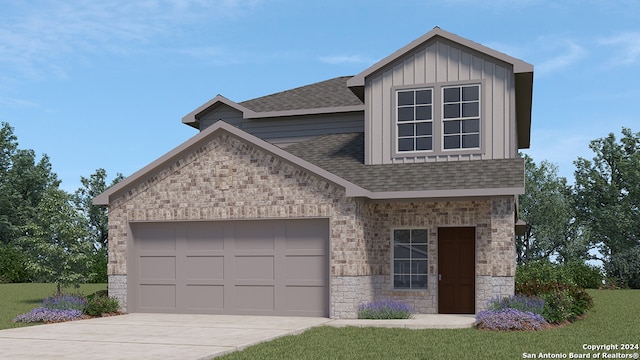 106 Firetail, San Antonio, TX 78253 - view of front facade with roof with shingles, driveway, board and batten siding, stone siding, and a garage