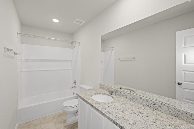 full bathroom featuring tile patterned flooring, vanity, shower / bath combination, and toilet