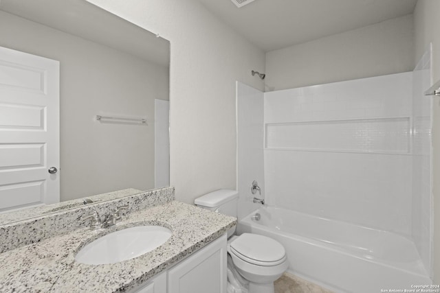 full bathroom with vanity,  shower combination, and toilet