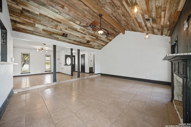 unfurnished living room featuring light tile patterned floors, vaulted ceiling with beams, ceiling fan, and wood ceiling