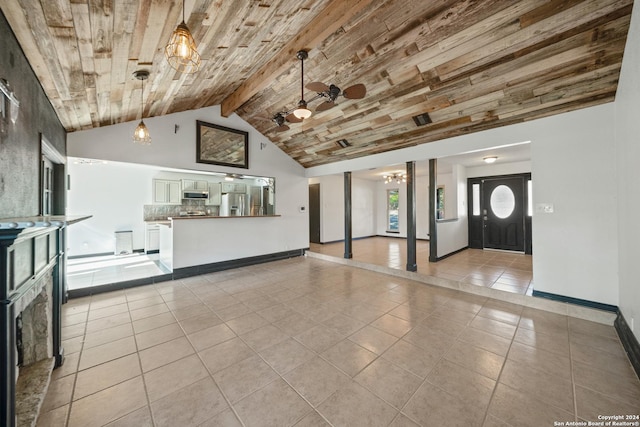 interior space featuring ceiling fan, wooden ceiling, beamed ceiling, high vaulted ceiling, and light tile patterned flooring