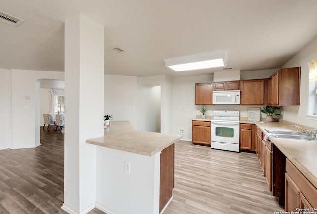 kitchen featuring kitchen peninsula, sink, light hardwood / wood-style floors, and white appliances