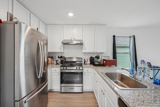 kitchen featuring white cabinets, sink, stainless steel appliances, and light hardwood / wood-style flooring