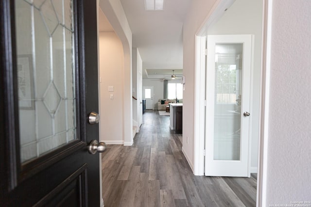 entrance foyer with hardwood / wood-style floors and ceiling fan