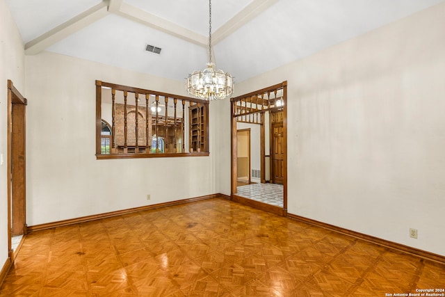 spare room with a chandelier, lofted ceiling with beams, and parquet flooring