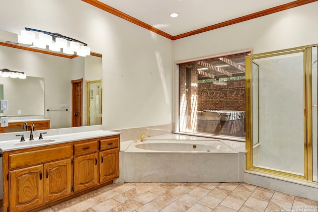 bathroom featuring separate shower and tub, crown molding, and vanity