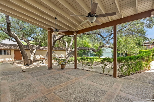 view of patio featuring ceiling fan