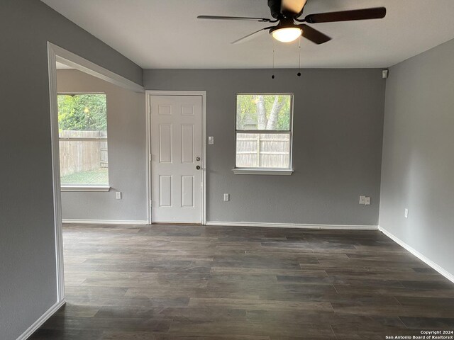 entrance foyer featuring plenty of natural light, ceiling fan, and dark hardwood / wood-style flooring