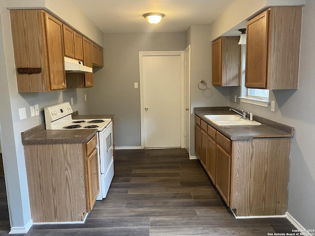 kitchen featuring dark hardwood / wood-style flooring, white electric stove, and sink