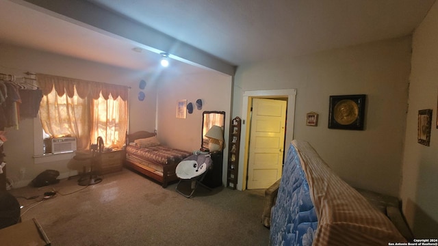 bedroom featuring cooling unit and carpet floors