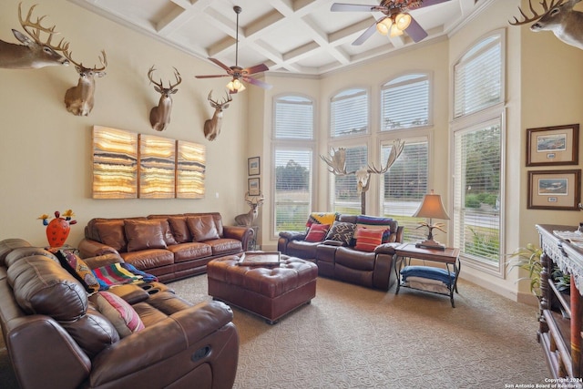 carpeted living room featuring ceiling fan, beamed ceiling, a high ceiling, and coffered ceiling