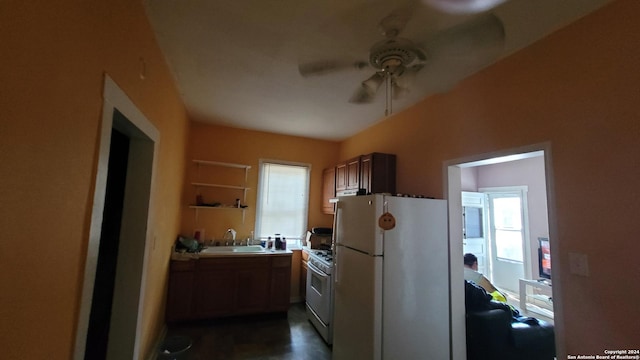 kitchen with ceiling fan, sink, and white appliances