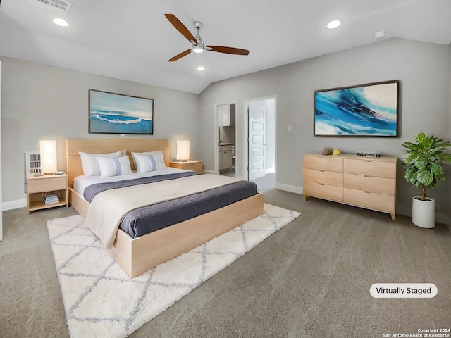 bedroom featuring carpet flooring, ceiling fan, and lofted ceiling