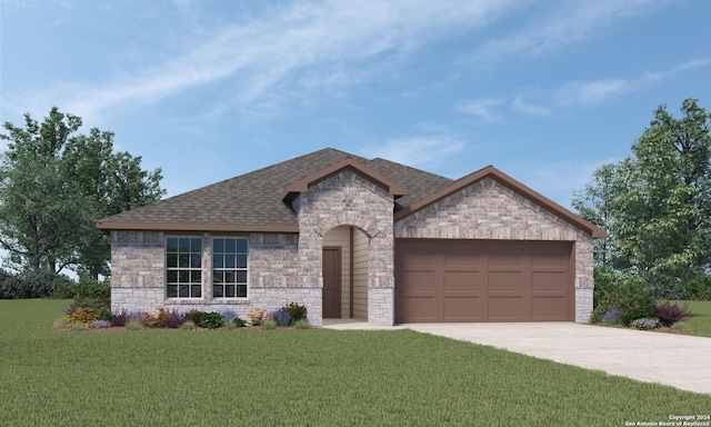 view of front of house with a front yard and a garage