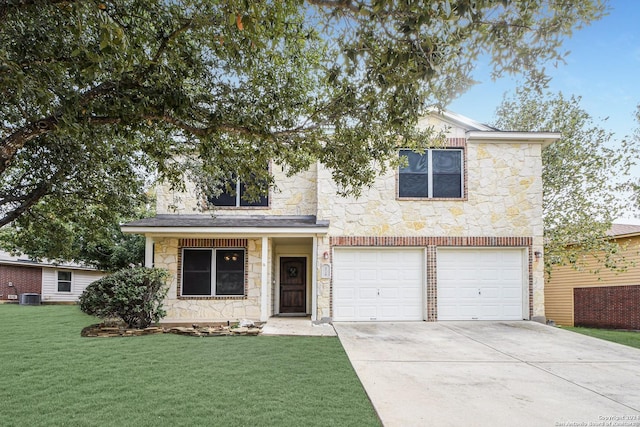 view of front facade featuring central AC unit, a garage, and a front lawn