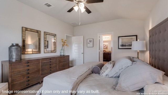 carpeted bedroom with ceiling fan, connected bathroom, and vaulted ceiling