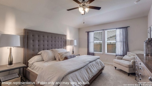 carpeted bedroom with ceiling fan