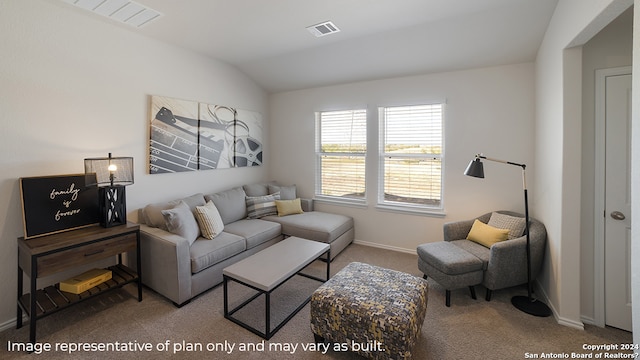 living room featuring carpet and vaulted ceiling