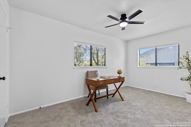 office featuring ceiling fan, a healthy amount of sunlight, and light carpet