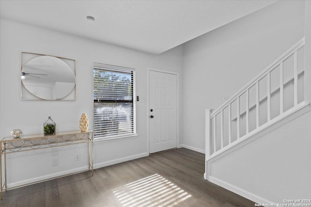 foyer entrance featuring dark hardwood / wood-style floors and ceiling fan