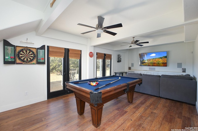 rec room with dark hardwood / wood-style floors, ceiling fan, pool table, and french doors