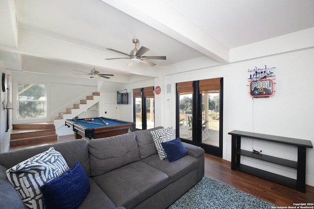 rec room featuring beamed ceiling, dark hardwood / wood-style flooring, ceiling fan, and billiards