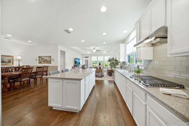 kitchen featuring dark wood-type flooring, light stone counters, a kitchen island, white cabinets, and sink