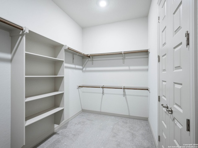 walk in closet with light carpet