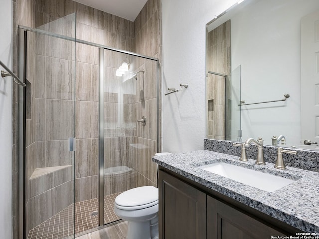 bathroom featuring vanity, toilet, and a shower with door