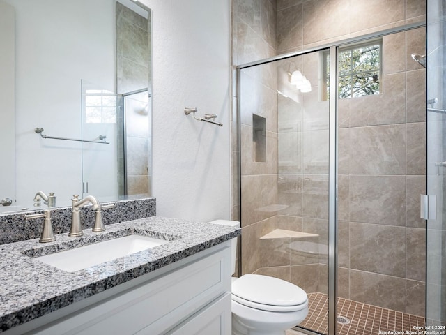 bathroom featuring a shower with door, vanity, and toilet