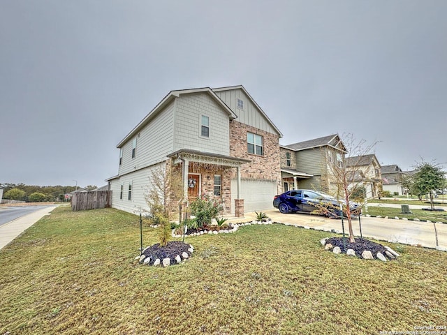 craftsman inspired home featuring a front lawn and a garage