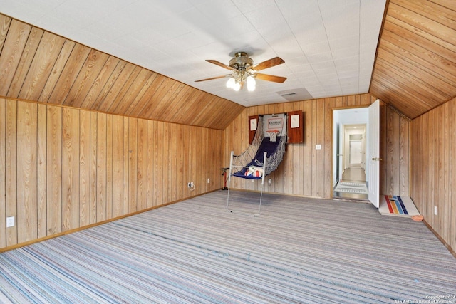 bonus room with ceiling fan, carpet floors, and vaulted ceiling