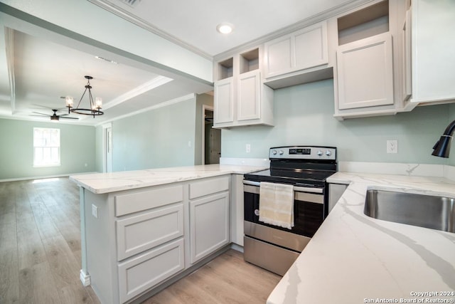 kitchen with white cabinetry, light stone counters, kitchen peninsula, pendant lighting, and stainless steel electric range