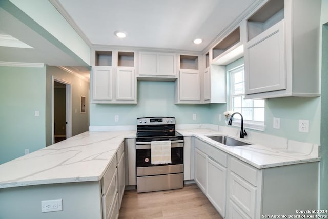 kitchen featuring light stone countertops, sink, white cabinets, light hardwood / wood-style floors, and stainless steel electric range