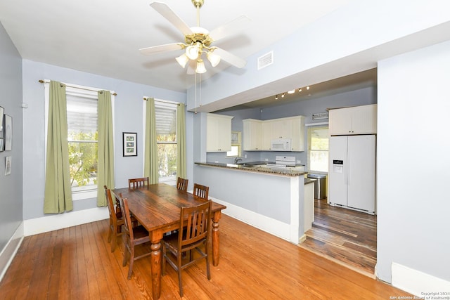 dining area with light hardwood / wood-style floors, ceiling fan, a healthy amount of sunlight, and sink